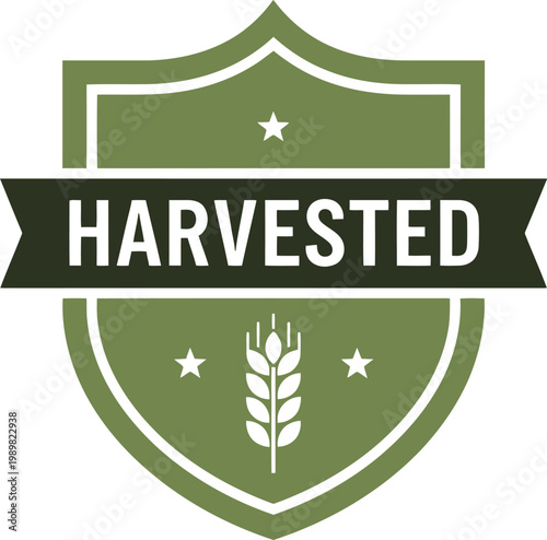 Green Harvested Badge Emblem with Wheat Icon for Organic Farming and Agricultural Branding