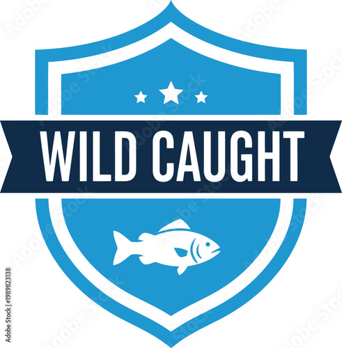 Wild Caught Fish Badge Icon – Blue Seafood Label for Sustainable Fishing and Fresh Market Branding