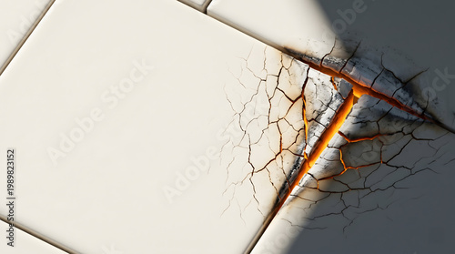 Structural cracks showing hidden damage, failure, and decay concept on white tile.