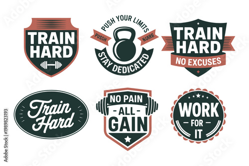 Workout emblems featuring fitness equipment and inspiring slogans for training, sports motivation, and healthy lifestyle branding concepts, modern athletic badge design elements.
