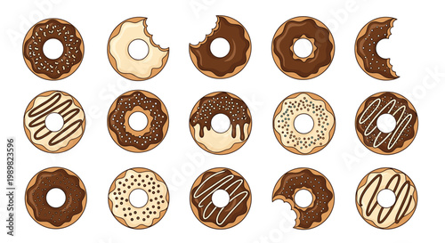 Collection of delicious donut icons featuring various glazes like chocolate, vanilla, and sprinkles with some having bites taken out.
