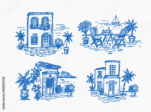 Summer holiday, vacation, sketch, sea, seamless pattern, vector illustration, southern houses, palm trees, beach, yachts