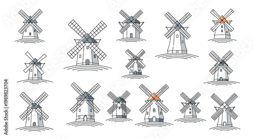 Large set of various traditional windmill icons and architectural drawings showing different styles and structures on a white background.