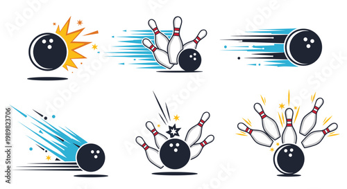 Collection of dynamic bowling icons with a black ball hitting pins showing speed lines and impact stars for sports design projects.