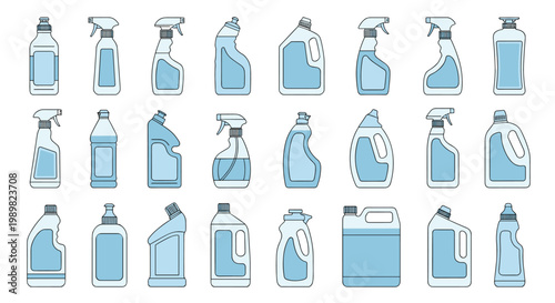 Set of various blue plastic bottles for household cleaning products including sprays and detergents in a clean minimalist style.