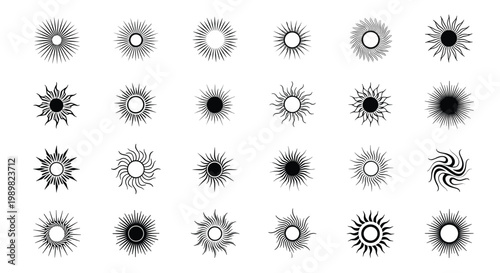 Collection of various black and white sun icons and symbols showing different rays and geometric designs for weather and astronomy.