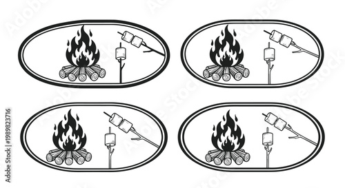 Set of four oval labels featuring a cozy campfire with logs and sticks roasting sweet marshmallows in an engraving style.