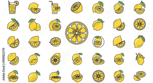 Large set of various lemon icons and illustrations showing whole fruits slices and lemonades in a simple line art and color style.