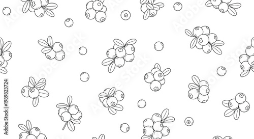Seamless black and white pattern of cranberries with leaves scattered across a white background for fabric and wallpaper design.