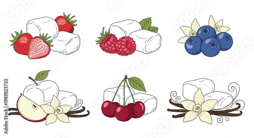 Collection of sweet marshmallow cubes paired with fresh fruits like strawberries raspberries blueberries apples and cherries.