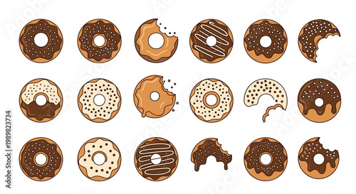 Collection of chocolate and caramel glazed donuts with various toppings and bite marks in a colorful pixel art style illustration.