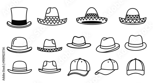 Collection of various hat icons in a clean black and white line art style including fedoras baseball caps and mexican sombreros.