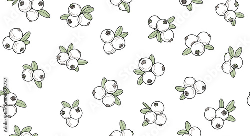 Seamless pattern of white cranberries with green leaves scattered across a white background for wallpaper and textile design.
