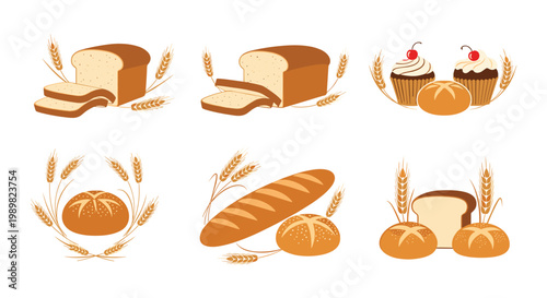 Collection of bakery illustrations showing loaves of bread buns cupcakes and wheat ears in a warm vintage color palette.