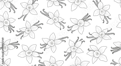 Seamless black and white pattern of vanilla orchid flowers and dried pods in a traditional hand drawn engraving style.