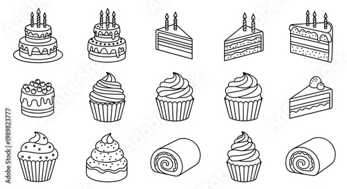 Collection of delicious bakery items including layered cakes cupcakes and Swiss rolls in a clean black and white line art style.