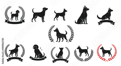 Set of various dog breed silhouettes in black and white with laurel wreaths and banners for kennel clubs and pet services.