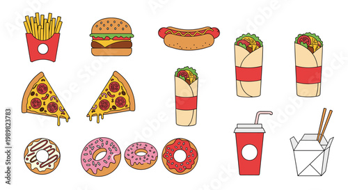 Large set of colorful fast food icons including burgers pizza fries hot dogs donuts and soft drinks on a white background.