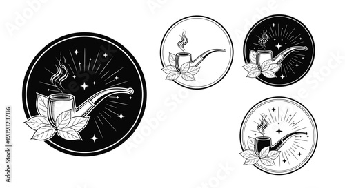 Set of circular logos featuring a traditional smoking pipe with tobacco leaves and decorative star elements in black and white.