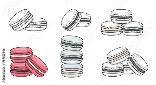 Set of colorful macaron cookie illustrations shown in various stacks and groupings, featuring flavors like vanilla, strawberry, and chocolate.