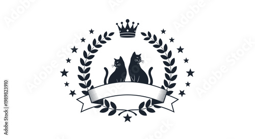 Elegant emblem featuring two black cats sitting together within a laurel wreath under a crown and stars for a premium pet brand.