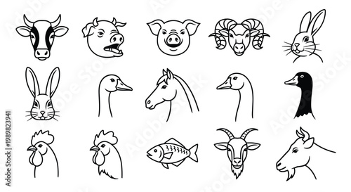 Line art set of farm animal heads including cow, pig, horse, goat, rabbit, sheep, goose, and fish for agricultural branding.