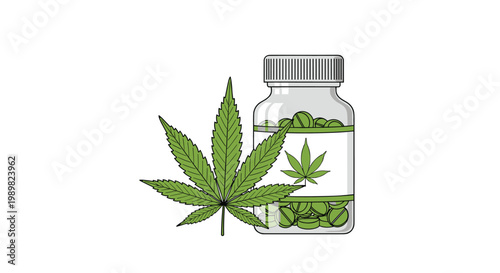 Healthcare concept featuring a pill bottle filled with green capsules and a large cannabis leaf for medical marijuana products.