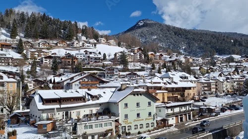 Panorama of the town of Ortisei on a sunny winter day.