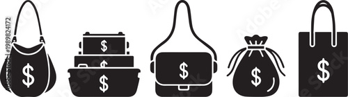 Black silhouette icons of various bags with dollar signs
