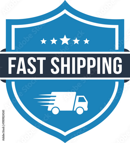 Blue Fast Shipping Badge Icon with Delivery Truck and Stars for Ecommerce and Logistics Promotions