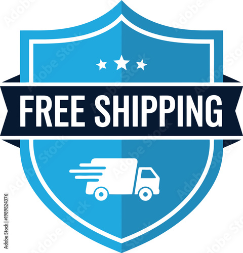 Blue Free Shipping Badge Icon with Delivery Truck for E-commerce Promotions and Online Store Marketing