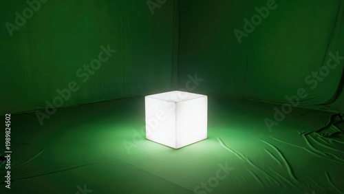 Glowing White Cube on Vibrant Green Screen Backdrop. Abstract Tech Light Box for Modern Design and Innovation Concepts.