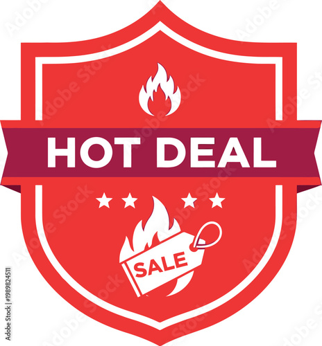 Red Hot Deal Badge Icon with Fire and Sale Tag for Promotions and Discounts