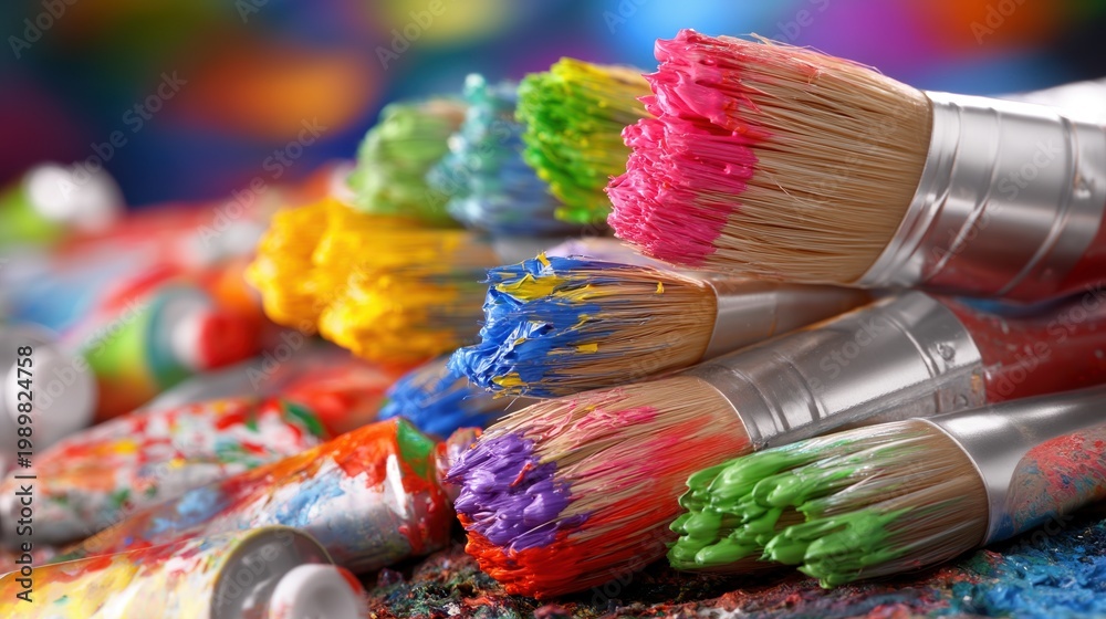 Fototapeta premium Close-up of colorful paint brushes and tubes, vibrant art supplies for creative painting and artistic expression