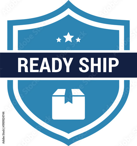 Blue Ready Ship Badge Icon with Shipping Box Symbol for Fast Delivery and Logistics Services