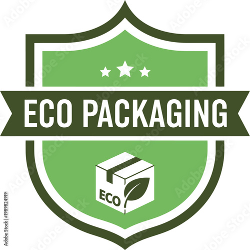 Eco Packaging Badge Icon – Green Shield Emblem for Sustainable, Recyclable, and Biodegradable Products