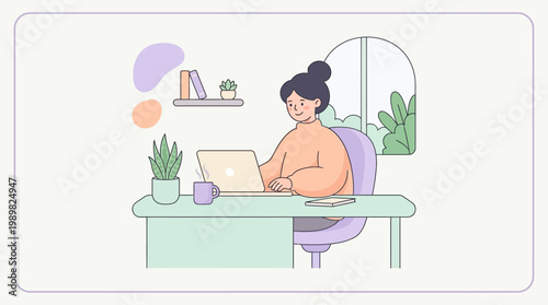A young woman working on her laptop at a desk in a brightly lit room with plants and books, illustrating modern remote work or study