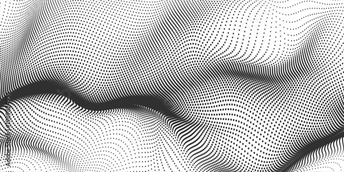 Black halftone dot wave pattern. Abstract grain fluid texture background. Dotted grit curve wallpaper. rasterized undulate swoosh overlay for poster, booklet, banner, brochure, flyer, leaflet. Vector