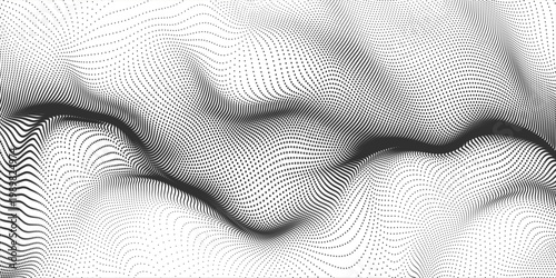 Black halftone dot wave pattern. Abstract grain fluid texture background. Dotted grit curve wallpaper. rasterized undulate swoosh overlay for poster, booklet, banner, brochure, flyer, leaflet. Vector