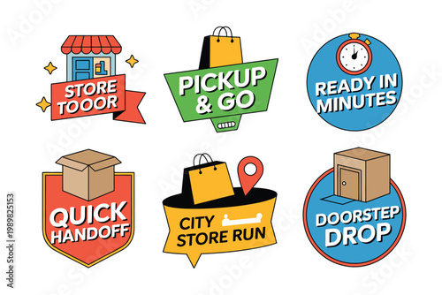 Online shopping and delivery service options badges, quick parcel drop off and pickup labels, e-commerce fulfillment symbols