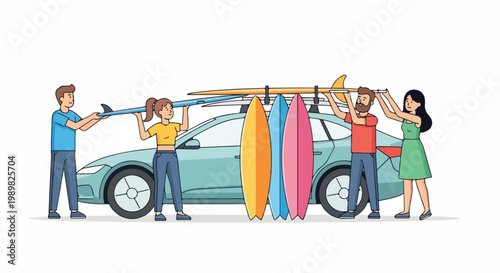 Diverse group of friends loading surfboards onto a car's roof rack for a beach trip, conveying fun and adventure.