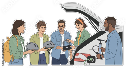 Diverse group of friends loading bicycles and gear into a car for an outdoor adventure, enjoying a sunny day.