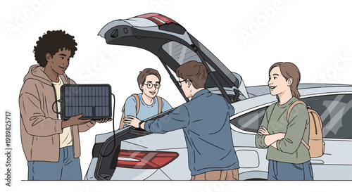 Friends preparing for an eco-friendly road trip, loading a portable solar panel into an electric car for sustainable travel and outdoor adventures.