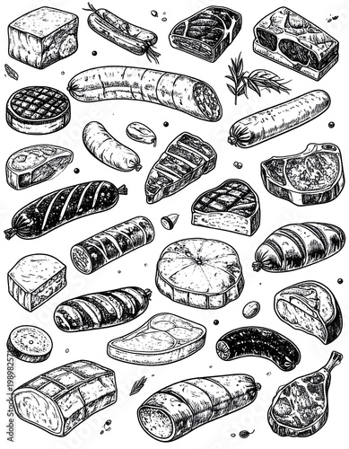 Black and white sketch of assorted meats steaks, sausages, and roasts