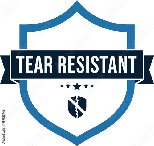 Tear Resistant Badge Icon – Durable Material Guarantee, Blue Shield Emblem for Packaging and Product Labels