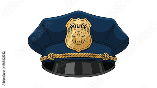 Police service cap illustration featuring dark blue uniform hat with gold badge emblem, structured design