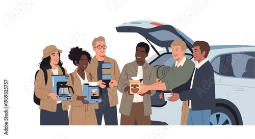 Happy diverse friends exchanging pre-owned coffee makers and goods next to a car, promoting sustainable consumption and community sharing.