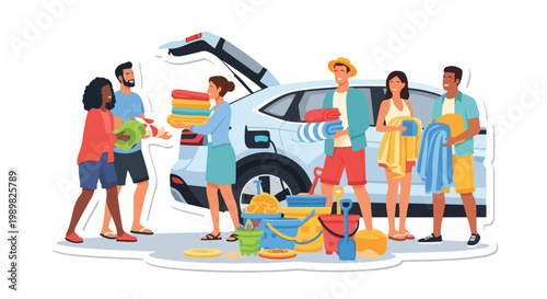 Friends packing car for summer beach vacation trip, diverse group preparing for holiday travel with beach accessories and towels, flat vector illustration.