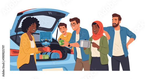 Diverse friends preparing for a camping road trip, loading car trunk with outdoor gear and supplies. Happy people ready for adventure, flat vector.