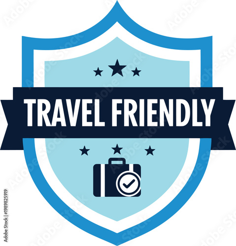 Travel Friendly Badge Icon with Suitcase and Check Mark for Tourism and Hospitality Branding
